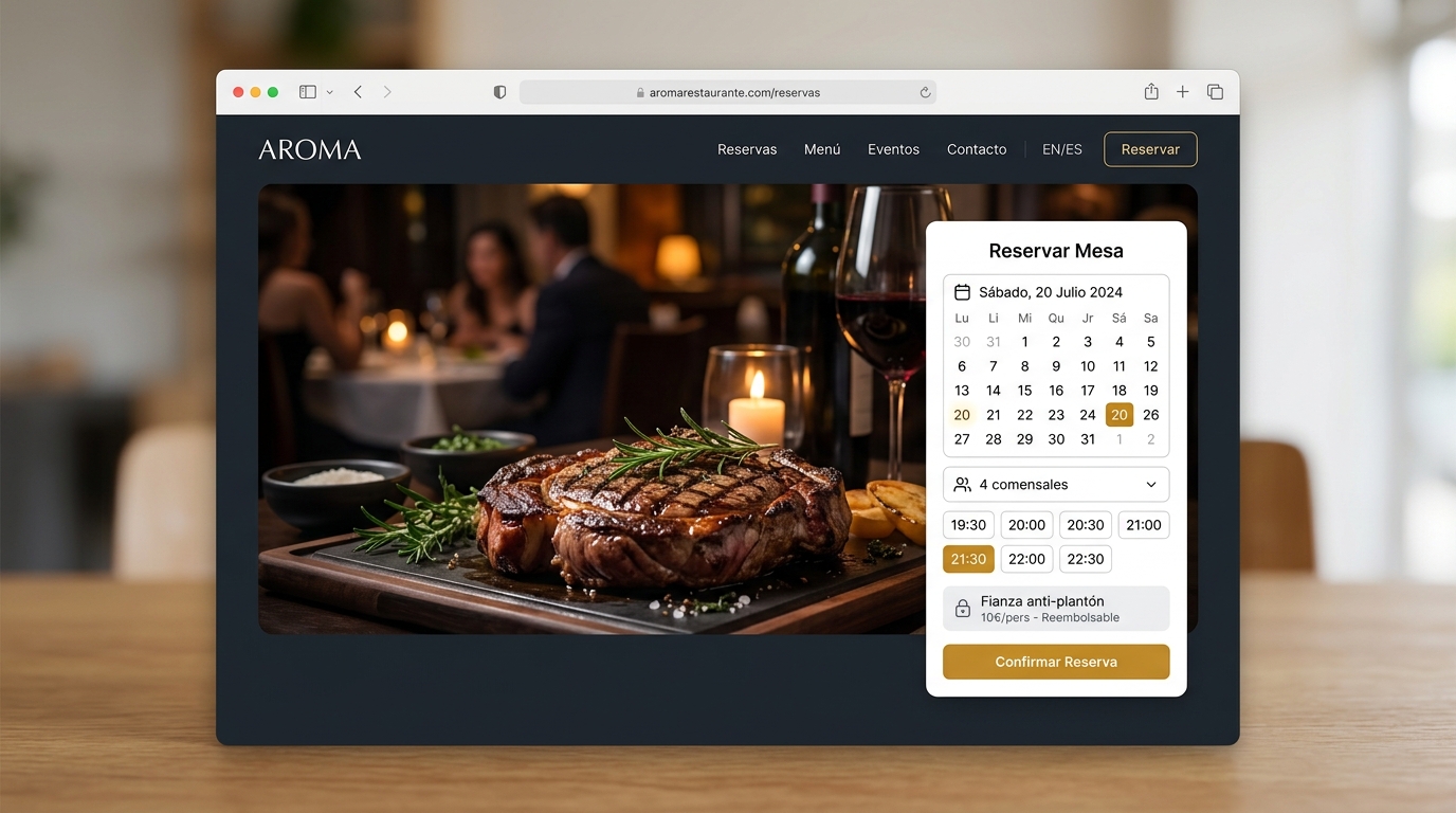 Mockup del widget de reservas ReservaPro integrado en la web de un restaurante